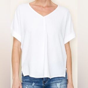 RDI 100% Cotton Slouchy White V-Neck Short Sleeve Tee Tunic Top